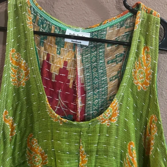 Green Sleeveless Maxi Dress with Floral Accents. Upscale with Kantha material - Picture 2 of 3